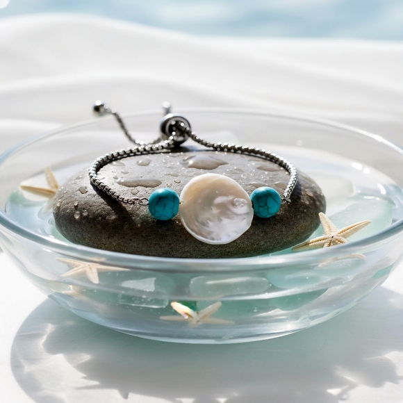 🆕️ Baroque Pearl Turquoise Beaded Adjustable Bracelet 18K White Gold Plated - Picture 5 of 10